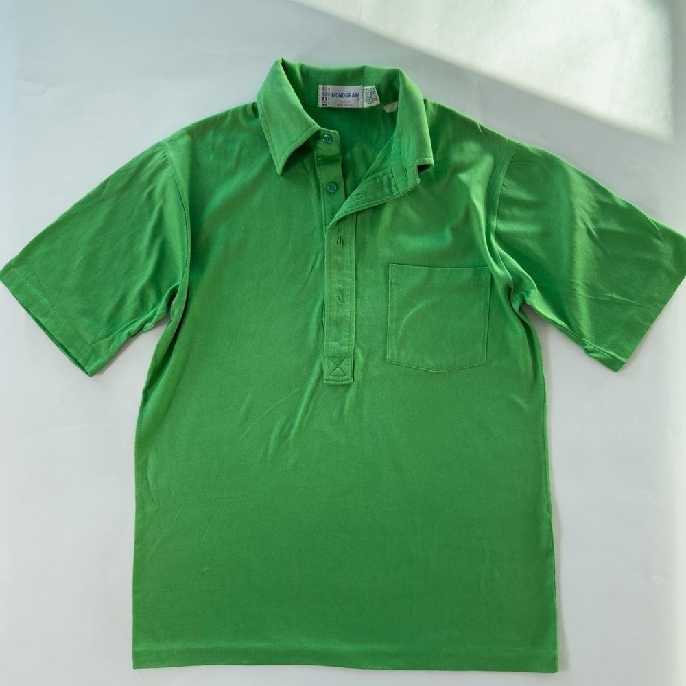 Vintage 1970s monogram short sleeve green polo with front pocket medium